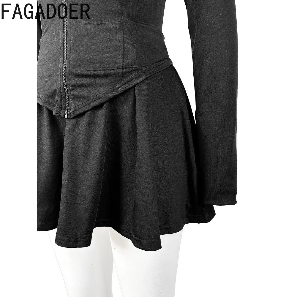 FAGADOER 2024 INS Trendy Sporty Streetwear 2 Piece Set Women Slim Zip Coat + Mini Pleated Skirts Sets (Shorts Inside The Skirt)