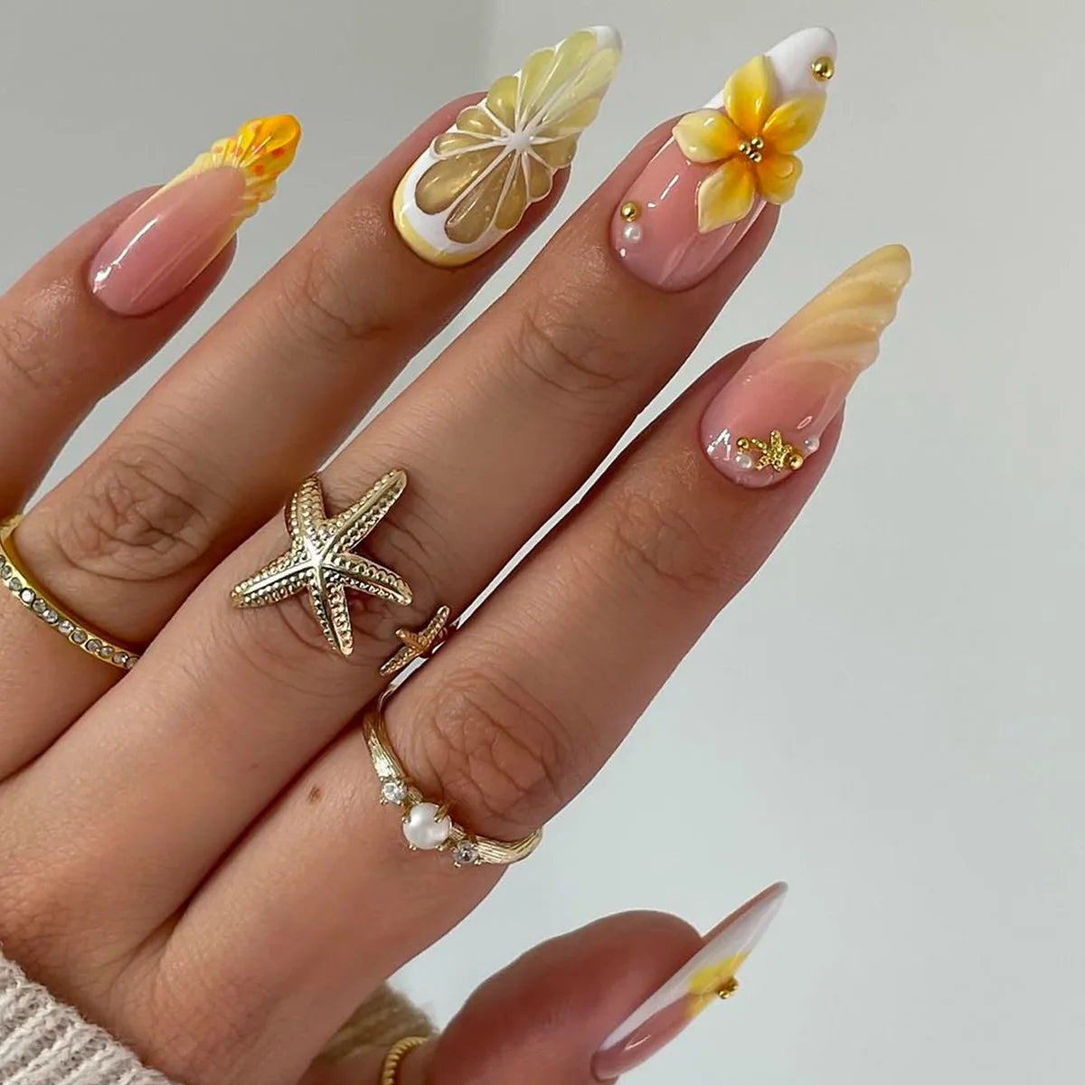 24PCS Spring Summer Pink French Press on Nails Fresh Lemon Strawberry Design Fake Nails for Women Sweet Fruit Almond False Nails