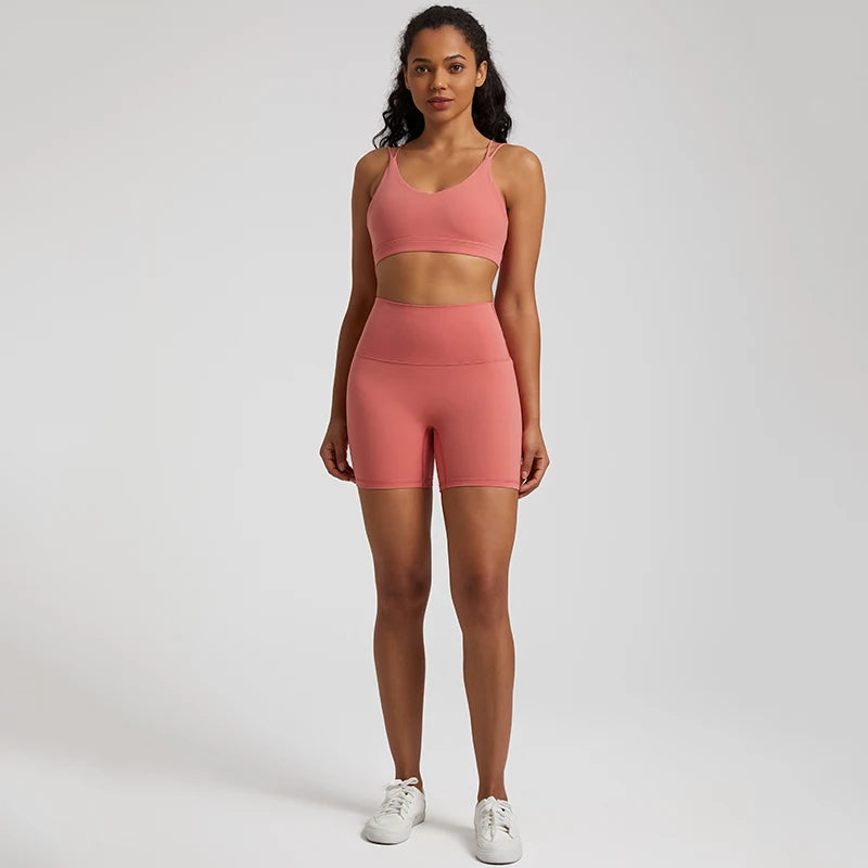 Naked Feel Gym Set Women Workout Clothes High Waist Yoga Shorts and Strappy Sports Bra 2 Piece Short Sets Summer Running Outfits