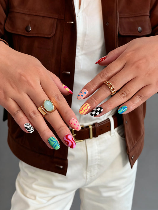 10pcs Handmade Multicolor Art Press On Nails Short Oval Spring Summer Trendy Y2K Fake Nails Geometric Pattern Decor False Nails