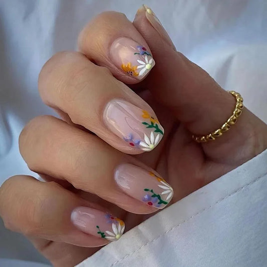 24Pcs Spring Short Square False Nails Floral Purple Stick on Fake Nails Manicure French Full Cover Acrylic Nail Tips Removable