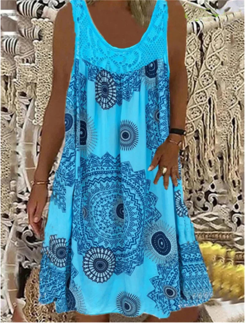 Elegant Lace Splicing O Neck Dresses Women Summer Comfortable Casual Sleeveless Dress Vintage Print Female Loose Midi Gown 2024