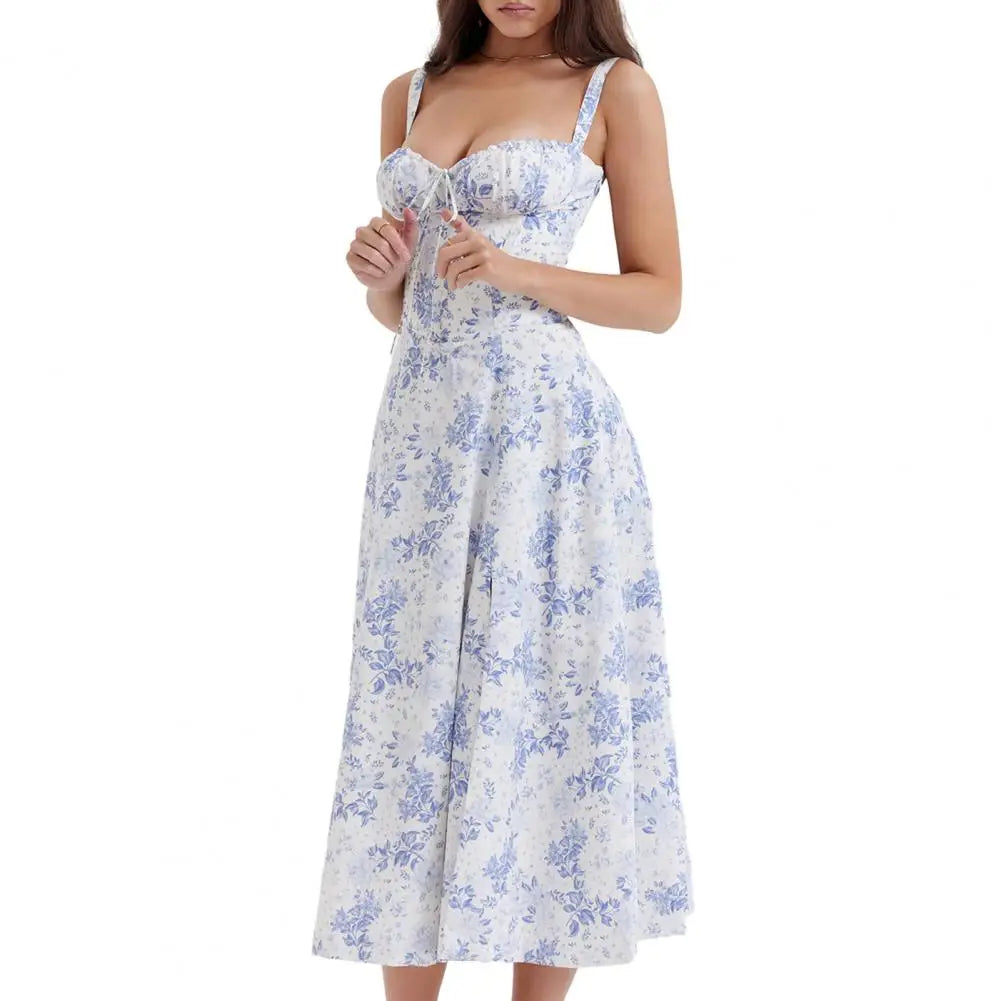 Comfortable Midi Dress for Women Sleeveless Party Dress Elegant Lace-up Bandeau Dress with Corset Design Side Split Hem Women's
