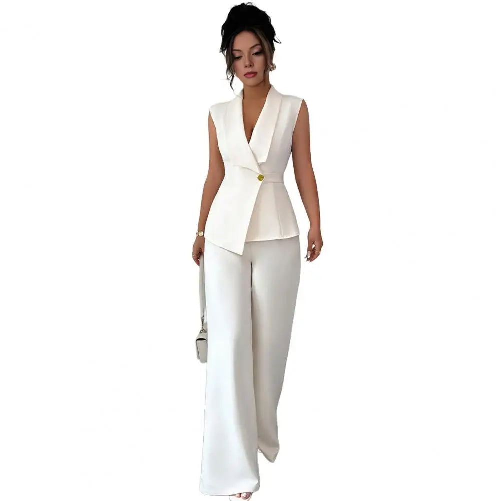 Women's Business 2 Piece Outfits Casual Sleeveless Blazer Vest Wide Leg Pants Suit Set Dressy Office Work Set