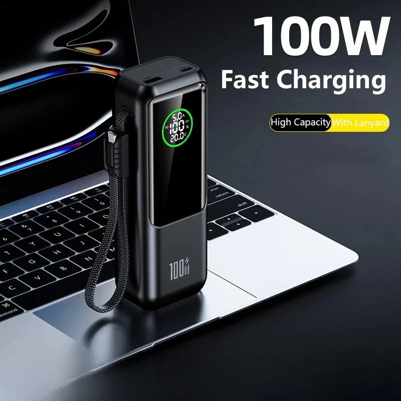 New 100W Super Fast Charging Power Bank with Built-in Cable High Capacity Portable Charger for Laptops Mobile Phones Tablets