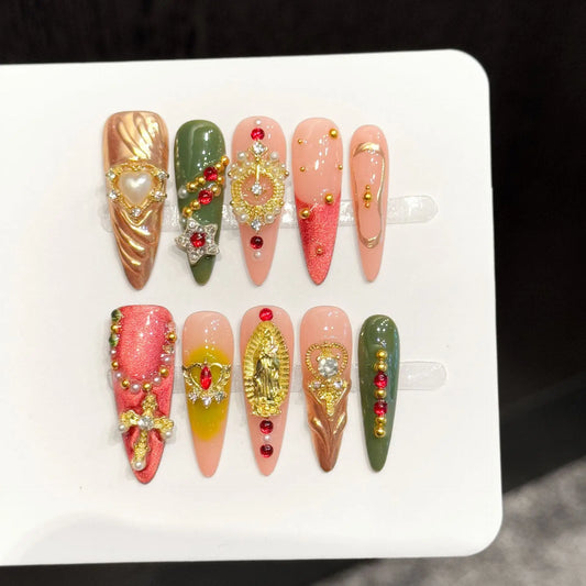 10PCS Waterdrop Handmade Press On Nails,Retro Baroque Style, Red Green Contrast,Suitable For Festivals Parties And Daily Wear