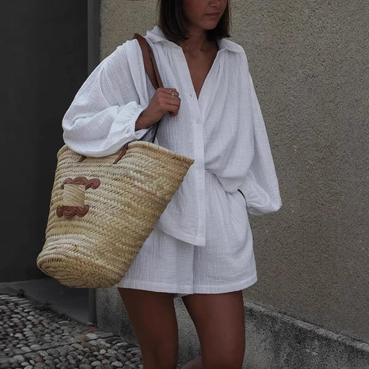 Loose Short Sets For Women Spring Summer Solid Color Shirts Short Sleeve 2 Piece Sets Outfit Vintage Female Suits Shorts Set