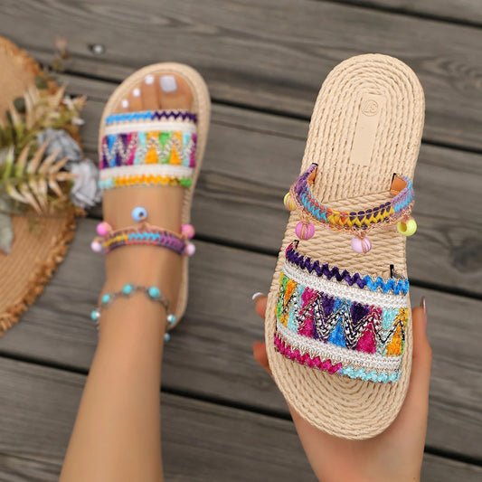 Women Slippers Outdoor Flat Designer Shoes Women Plus Size Bohemian Ethnic Sandals Fashion Tassel Beach Slippers Slides Women