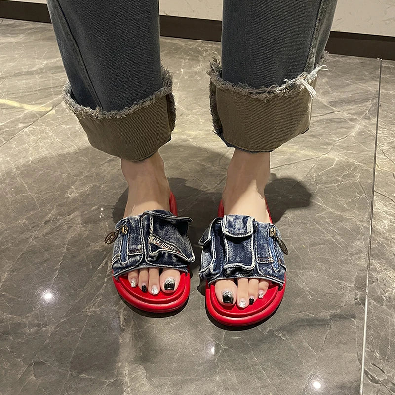 Shoes for Women 2025 Hot Sale Summer Women's Slippers Outdoor Solid Denim Open Toe Low-heeled Large Size Casual Slippers Women