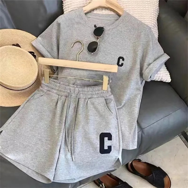  2 Piece Set Women Summer Loose Short Sleeve T-Shirt Casual Shorts Sports Print Letter Casual Suit Large Size Short Pajamas