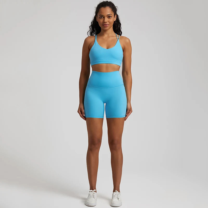 Naked Feel Gym Set Women Workout Clothes High Waist Yoga Shorts and Strappy Sports Bra 2 Piece Short Sets Summer Running Outfits
