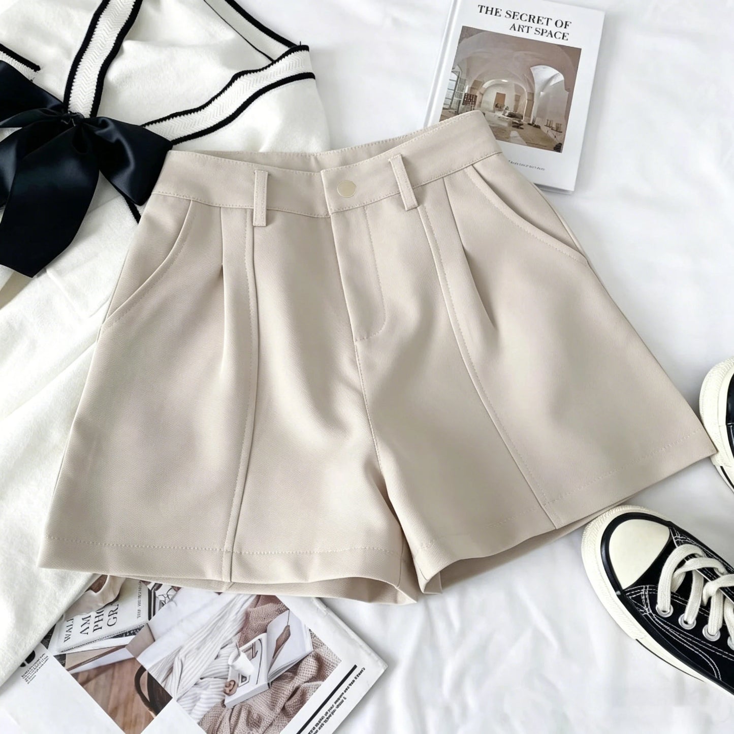 Women‘s Casual shorts Fashion Elegant Office Lady Commute Vintage Solid High Waist Short Pants Casual Streetwear Summer Trousers