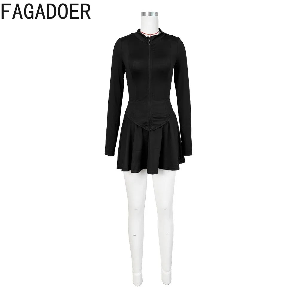 FAGADOER 2024 INS Trendy Sporty Streetwear 2 Piece Set Women Slim Zip Coat + Mini Pleated Skirts Sets (Shorts Inside The Skirt)