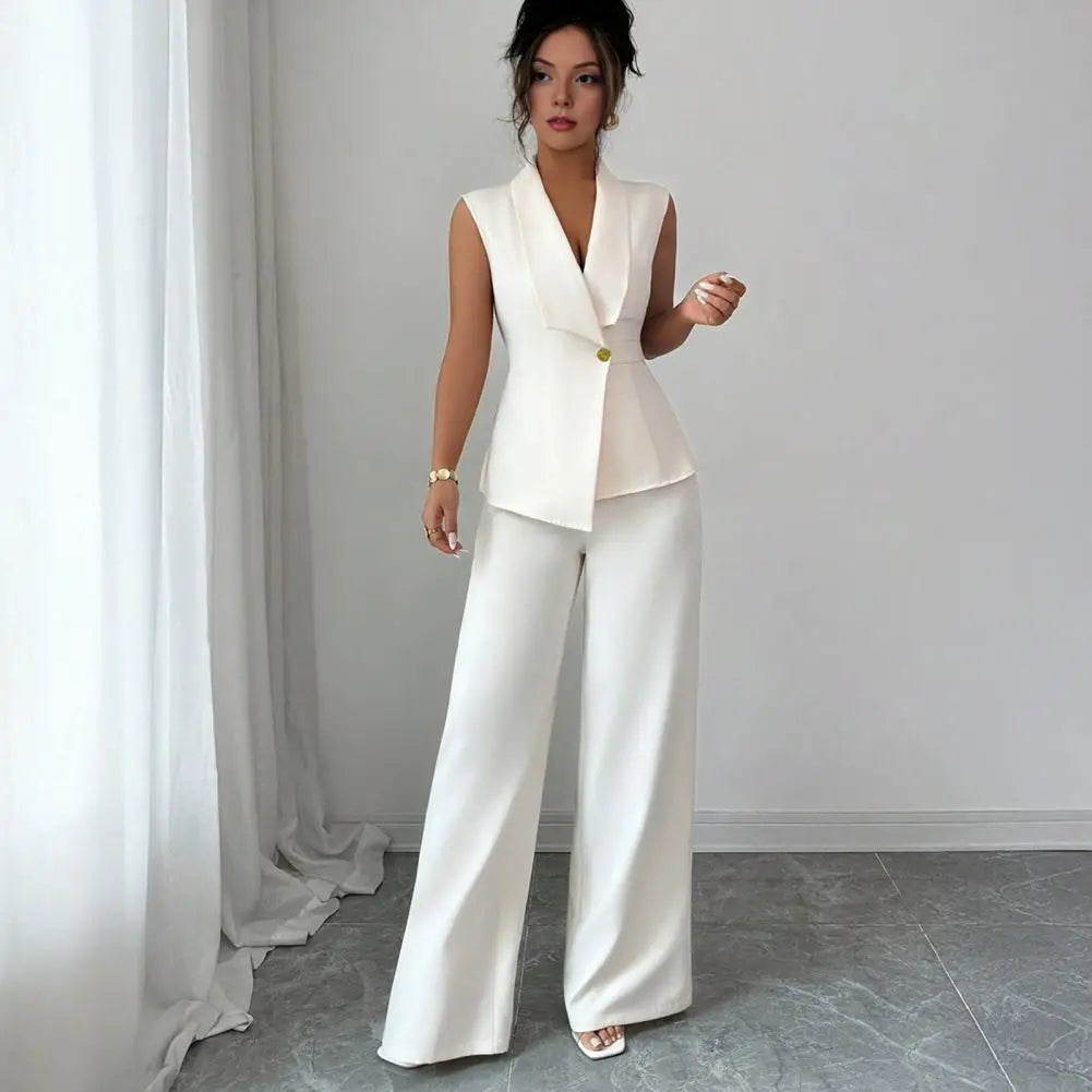 Women's Business 2 Piece Outfits Casual Sleeveless Blazer Vest Wide Leg Pants Suit Set Dressy Office Work Set