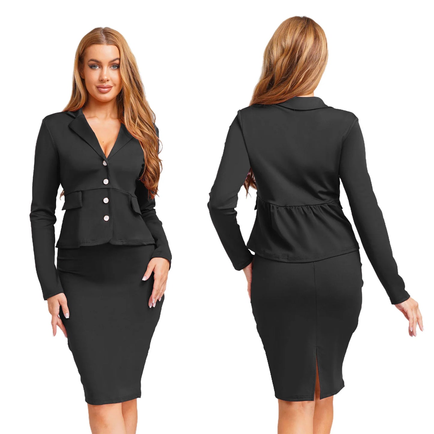 Women 2 Piece Business Formal Skirt Suits Long Sleeve Lapel Blazer Coat with Pencil Skirts for Office Work Banquet Wedding Party