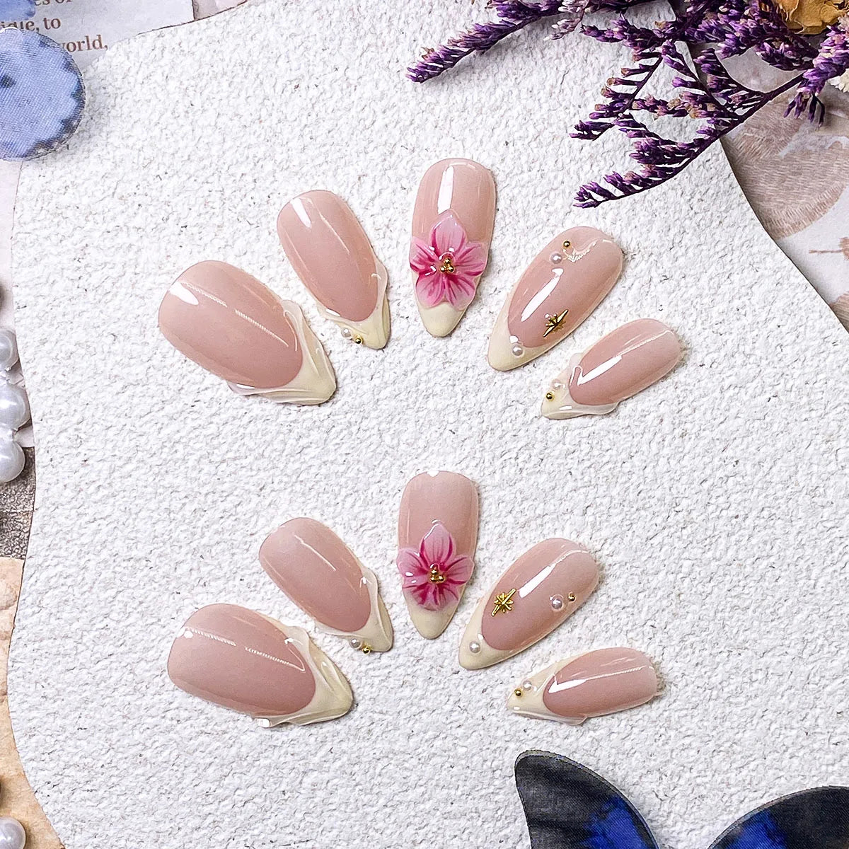 10 pieces of handcrafted yellow French pink floral press-on nails, elegant, romantic, minimalist, high-end, sexy and light luxur