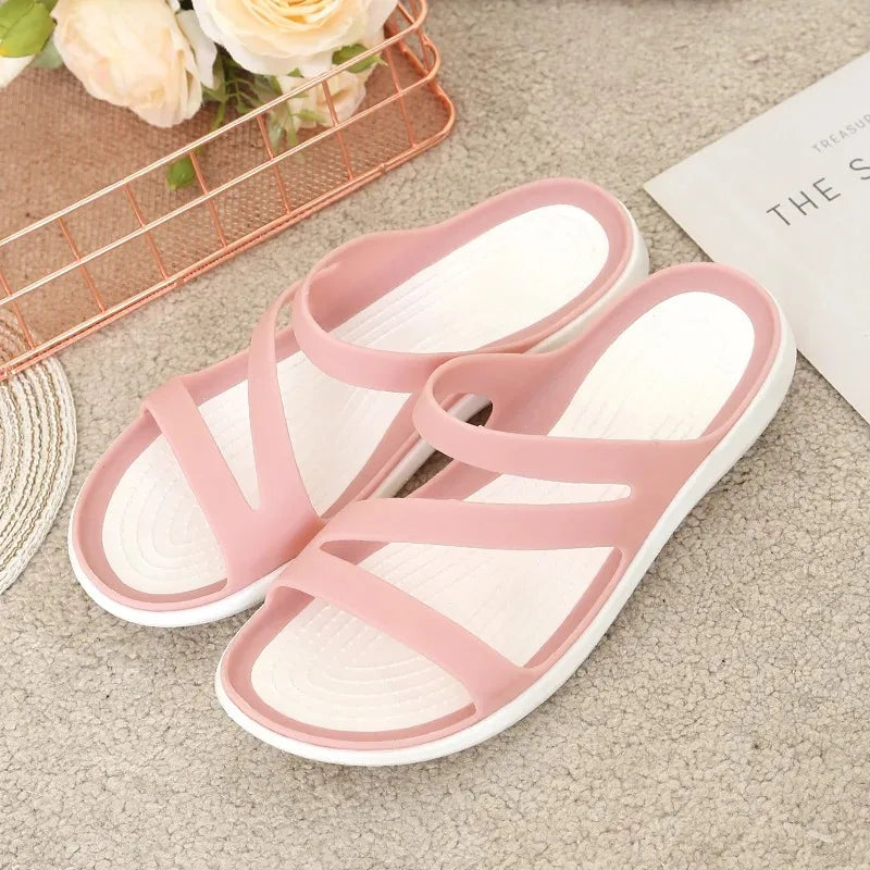 Women's Slippers Flat Bottom Round Head Solid Color Sandals Korean Style Casual Non-slip Lightweight Beach Shoes Sandales Plates