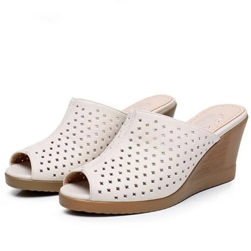 Comfortable Hollow Genuine Leather Women Slippers  Thick Bottom Wedges Fashion  Women Shoes