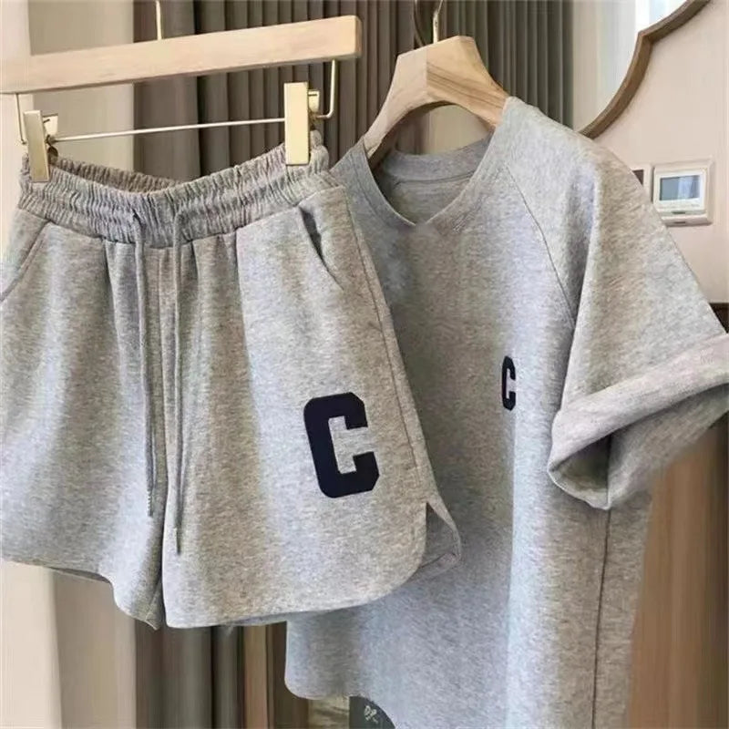  2 Piece Set Women Summer Loose Short Sleeve T-Shirt Casual Shorts Sports Print Letter Casual Suit Large Size Short Pajamas