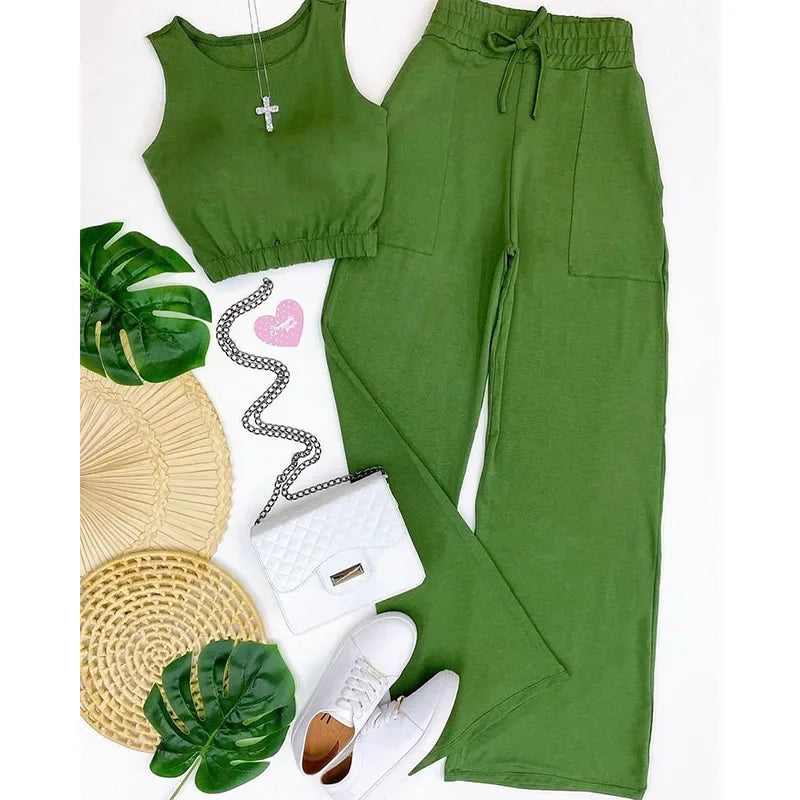 Crop Tank Top & Wide Leg Pants Set Y2k Vest Green Matching Sets Spring Vintage Boho High Waist Loose Work 2023 Suit Streetwear