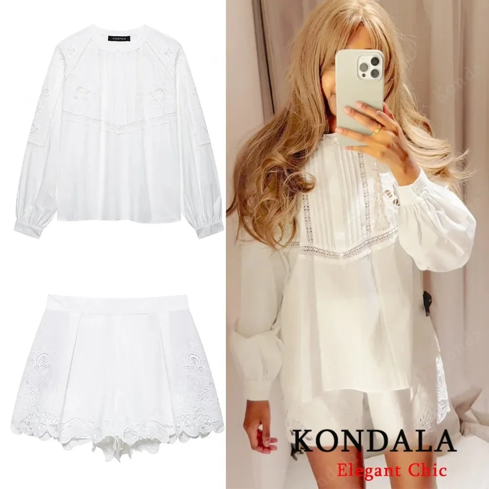 KONDALA Women Elegant Embroidered Set White Shorts Set O-Neck Loose Shirt Lace Shorts 2025 Summer Fashion High Street Shorts Set