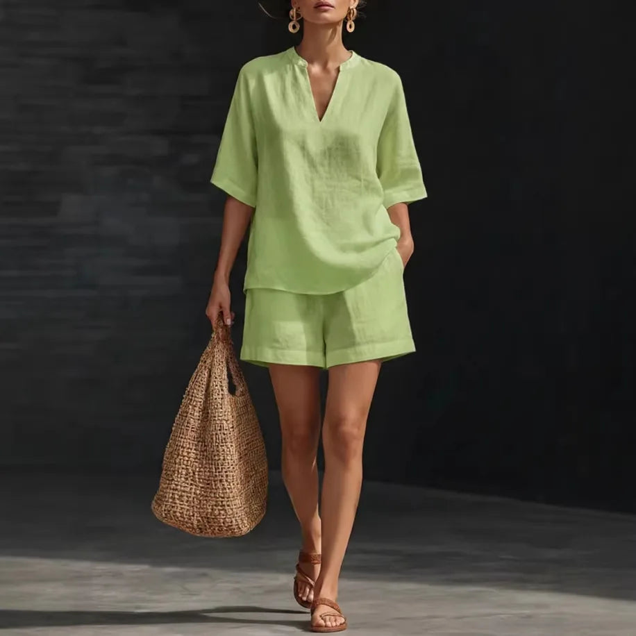 Women Casual Suits Fashion Two Pieces Sets Spring Summer Cotton Linen Loose Long Sleeve Drawstring Blouse Ruffles Shorts Set