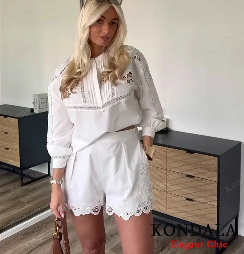 KONDALA Women Elegant Embroidered Set White Shorts Set O-Neck Loose Shirt Lace Shorts 2025 Summer Fashion High Street Shorts Set