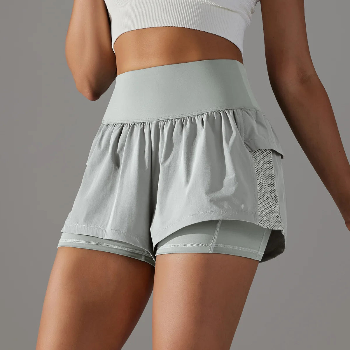 Women's High Waist Stretch Athletic Workout Active Fitness Volleyball Shorts 2 in 1 Running Double Layer Sports Shorts