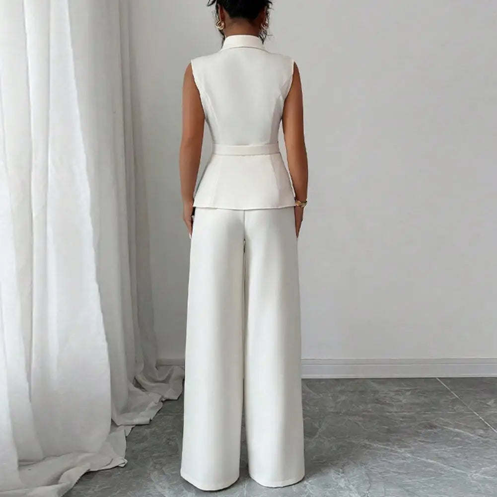 Women's Business 2 Piece Outfits Casual Sleeveless Blazer Vest Wide Leg Pants Suit Set Dressy Office Work Set