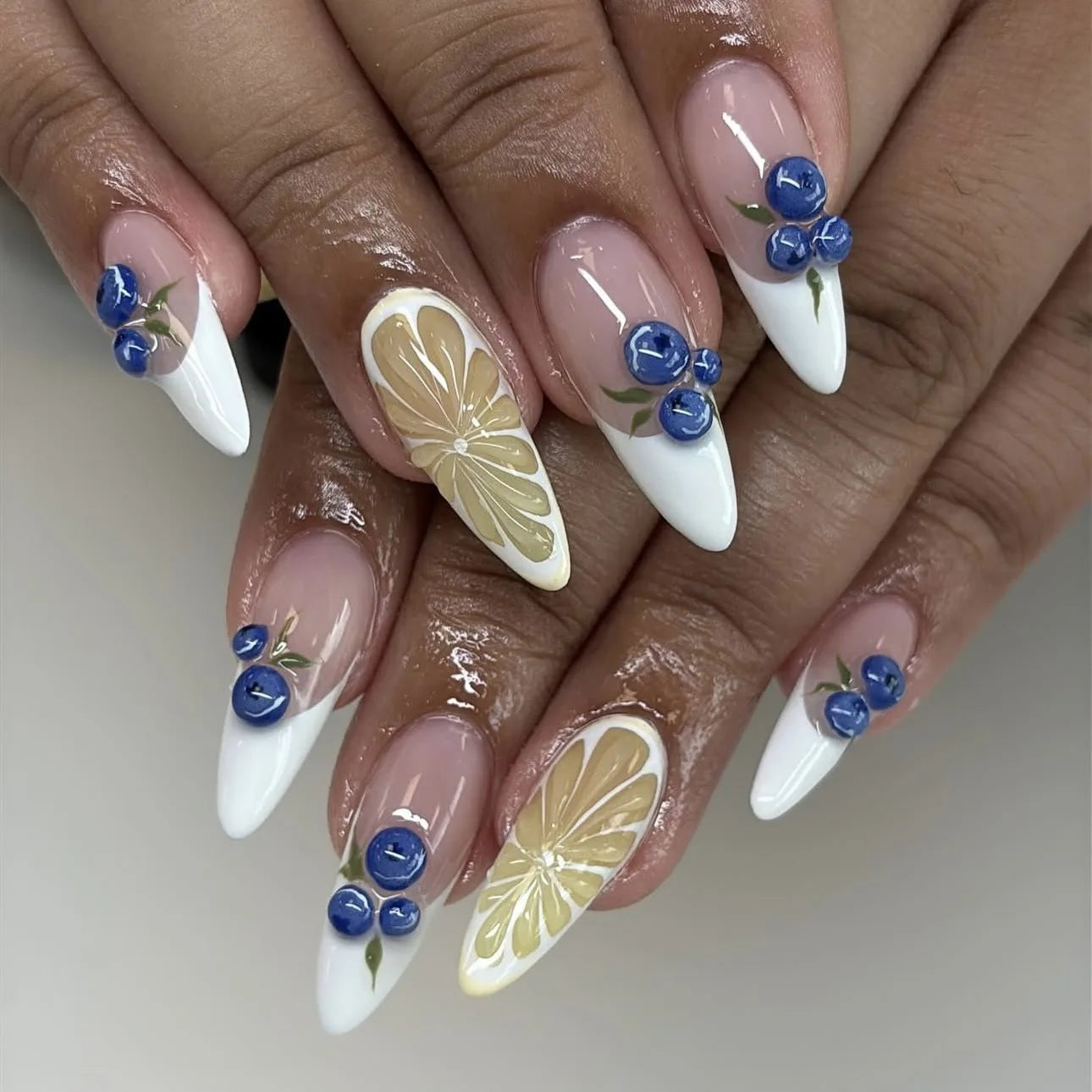24PCS Spring Summer Pink French Press on Nails Fresh Lemon Strawberry Design Fake Nails for Women Sweet Fruit Almond False Nails