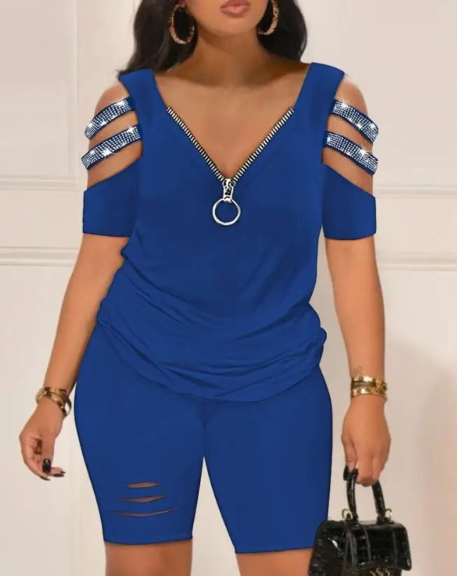 Casual Two Piece Set Women Outfit Summer Women's Short Sleeve Daily Suit Rhinestone Cold Shoulder Top & High Waist Shorts Set