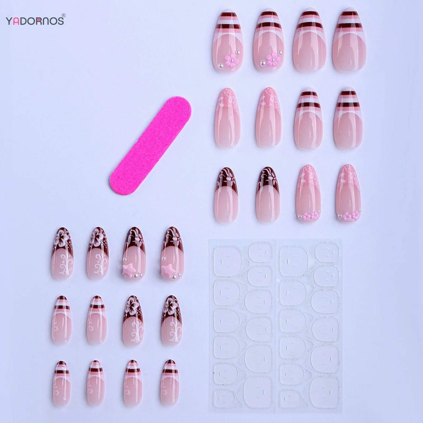 24pcs Spring Day Sweet False Nails Cute Pink Flower Star Pearl Designs Press On Nails Stripes French Style Almond Fake Nail
