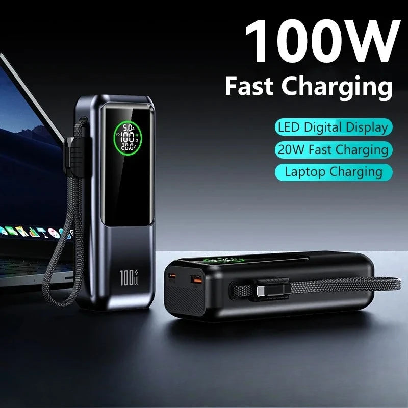 New 100W Super Fast Charging Power Bank with Built-in Cable High Capacity Portable Charger for Laptops Mobile Phones Tablets