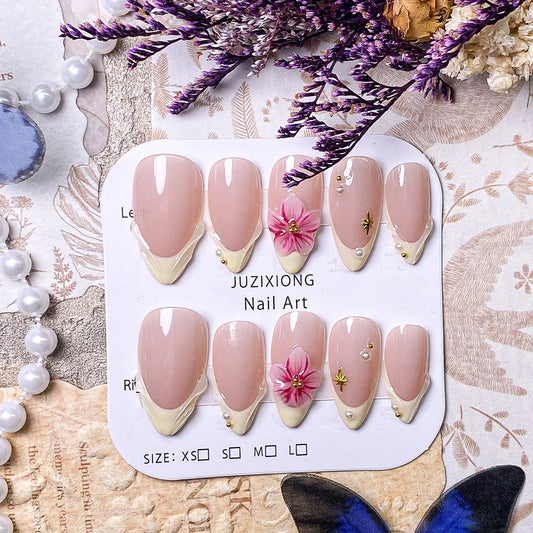 10 pieces of handcrafted yellow French pink floral press-on nails, elegant, romantic, minimalist, high-end, sexy and light luxur