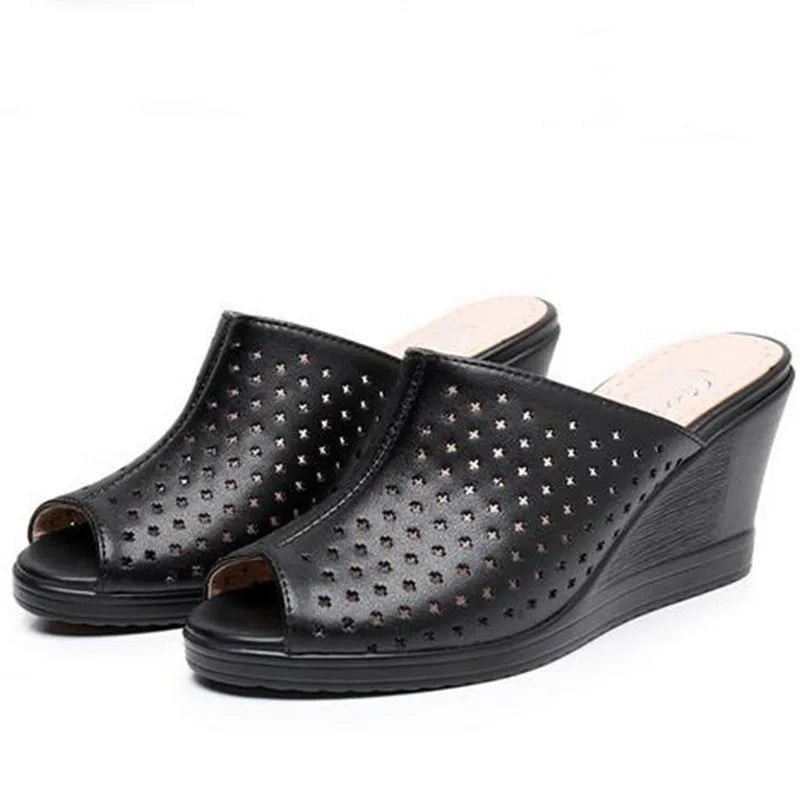 Comfortable Hollow Genuine Leather Women Slippers  Thick Bottom Wedges Fashion  Women Shoes