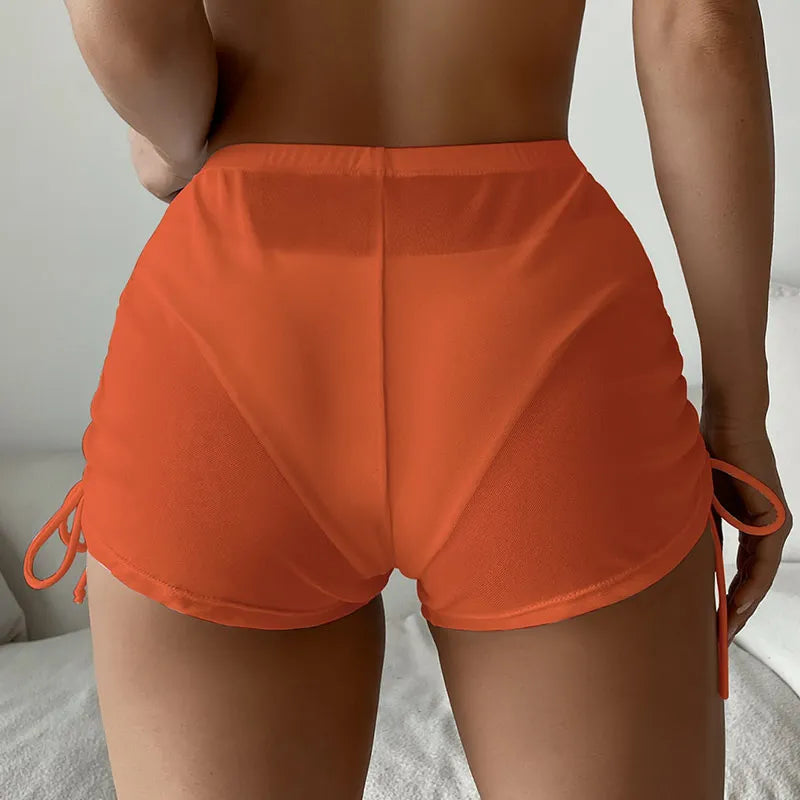 Women Sheer Mesh Bikini Shorts Beach Cover Up Solid Color Sheer Mini Swimming Suits Drawstring Holiday Bathing Beachwear
