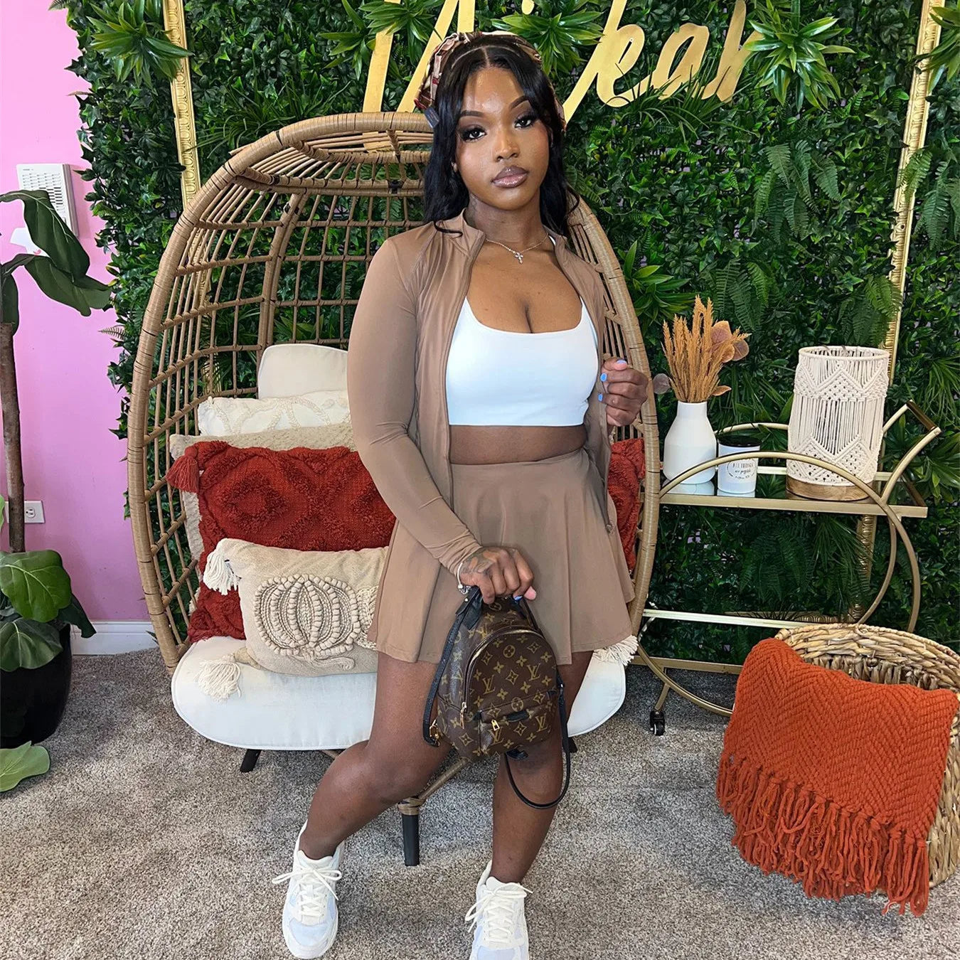 FAGADOER 2024 INS Trendy Sporty Streetwear 2 Piece Set Women Slim Zip Coat + Mini Pleated Skirts Sets (Shorts Inside The Skirt)
