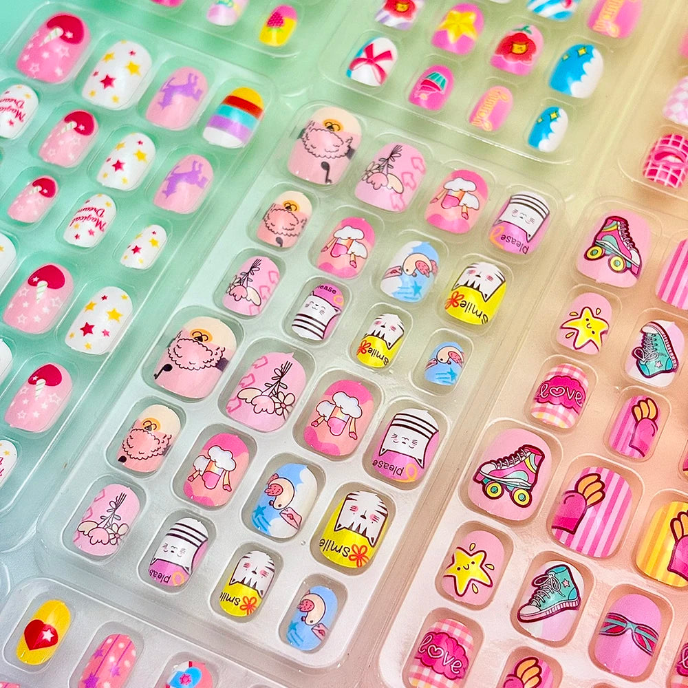 120pcs Cartoon Press On Nails For Kids Cute Children's Pink Acrylic Artificial Fale Nails With Glue&File Girls Gift-Fake Nails