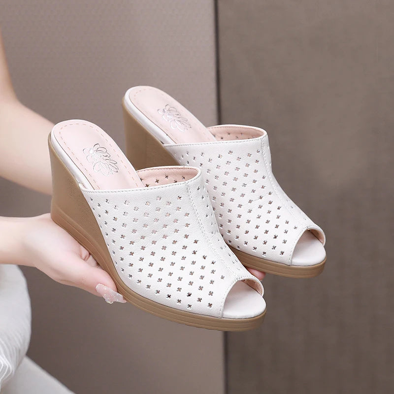 Comfortable Hollow Genuine Leather Women Slippers  Thick Bottom Wedges Fashion  Women Shoes