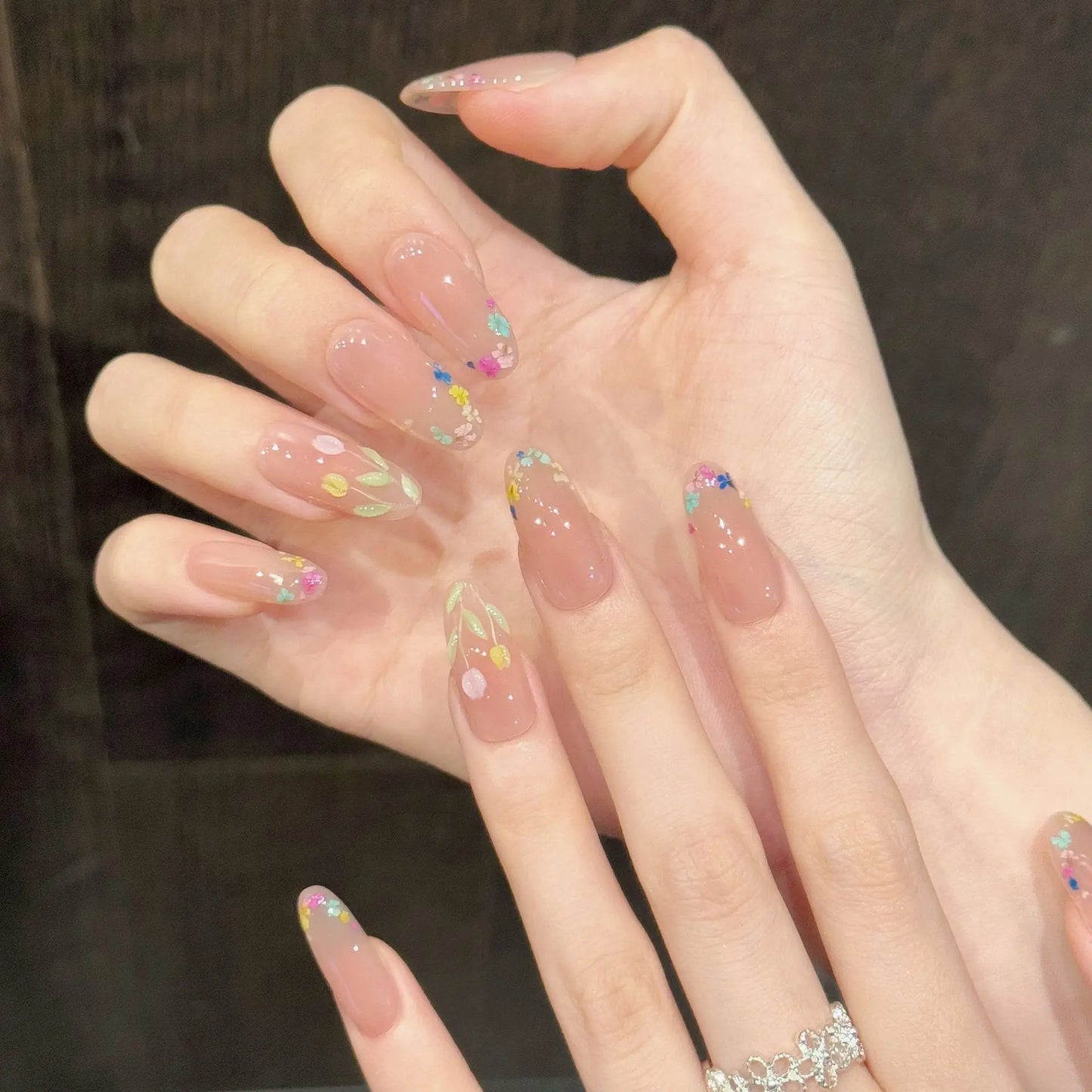 10Pcs Handmade Nude Pink Press On Nails with Floral Design Spring Summer Trendy False Nails With 4-PIECE Tools  Super-Strong