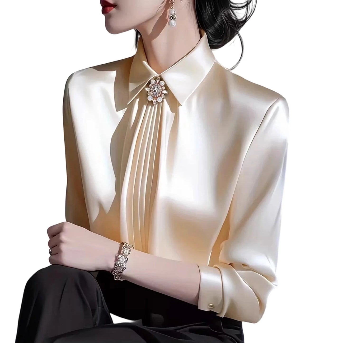 Women Daily Business Blouse Elegant Satin Solid Color With Bow Lapel Blouse Lady Refined Temperament Long Sleeve Cozy Top