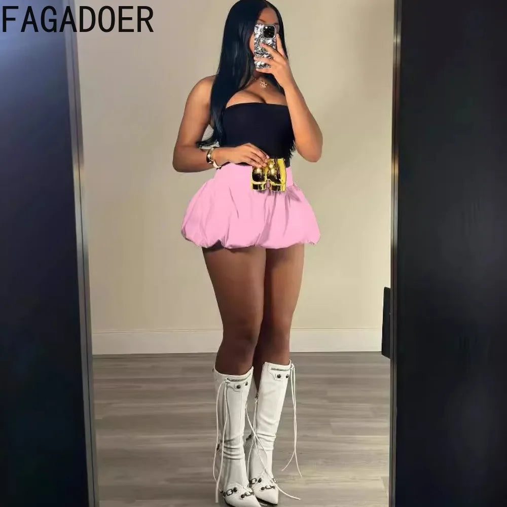 FAGADOER Fashion Solid Bubble Ruched Mini Skirts Women Elastic High Waist Slim Puff Skirts Summer New Female Matching Streetwear
