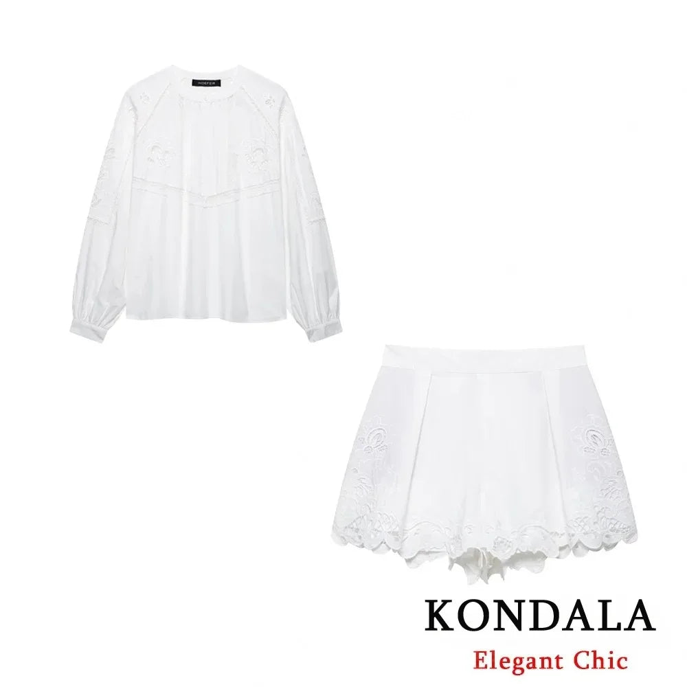 KONDALA Women Elegant Embroidered Set White Shorts Set O-Neck Loose Shirt Lace Shorts 2025 Summer Fashion High Street Shorts Set