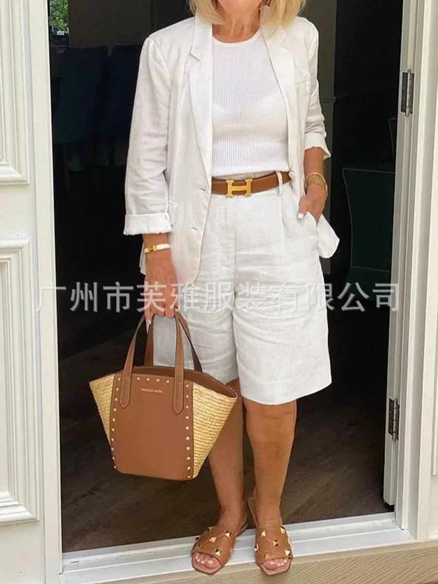 1 Set Blazer Short Sets Half Shorts Solid Color Single Breasted Women's Suit Summer Loose-fitting Buttons Outfit for Office