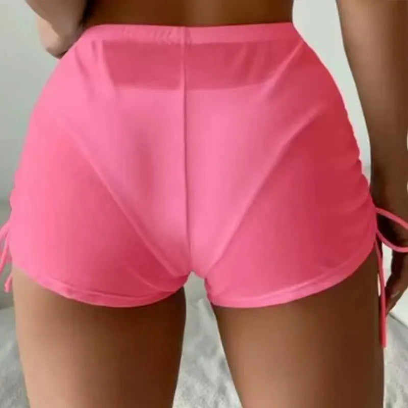 Women Sheer Mesh Bikini Shorts Beach Cover Up Solid Color Sheer Mini Swimming Suits Drawstring Holiday Bathing Beachwear