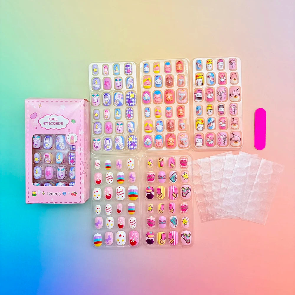 120pcs Cartoon Press On Nails For Kids Cute Children's Pink Acrylic Artificial Fale Nails With Glue&File Girls Gift-Fake Nails