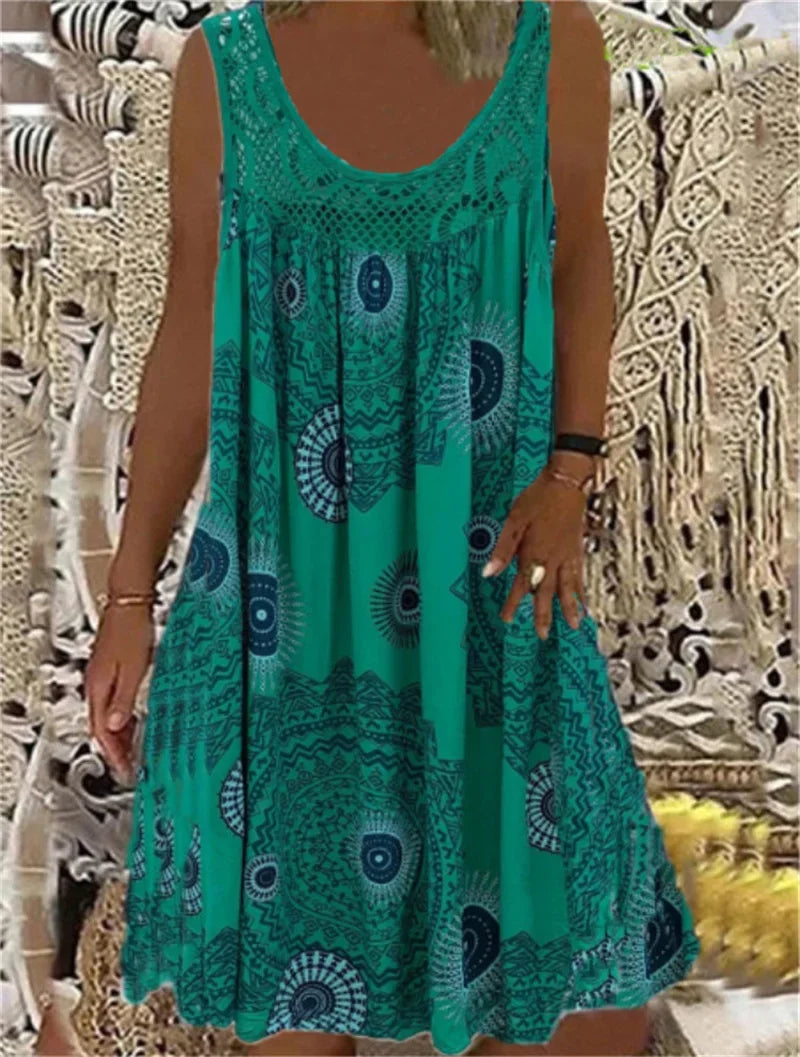 Elegant Lace Splicing O Neck Dresses Women Summer Comfortable Casual Sleeveless Dress Vintage Print Female Loose Midi Gown 2024