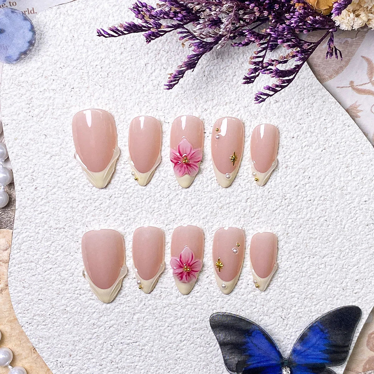10 pieces of handcrafted yellow French pink floral press-on nails, elegant, romantic, minimalist, high-end, sexy and light luxur