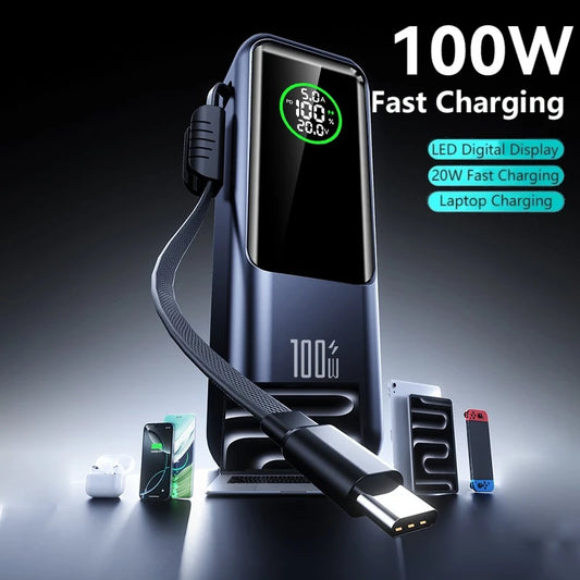New 100W Super Fast Charging Power Bank with Built-in Cable High Capacity Portable Charger for Laptops Mobile Phones Tablets