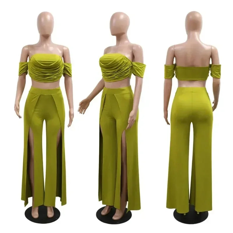 Women's Set Short Sleeve Slash Neck Ruched Tops and Wide Leg split Pants 2025 Street Two 2 Piece Sets Outfit Tracksuits